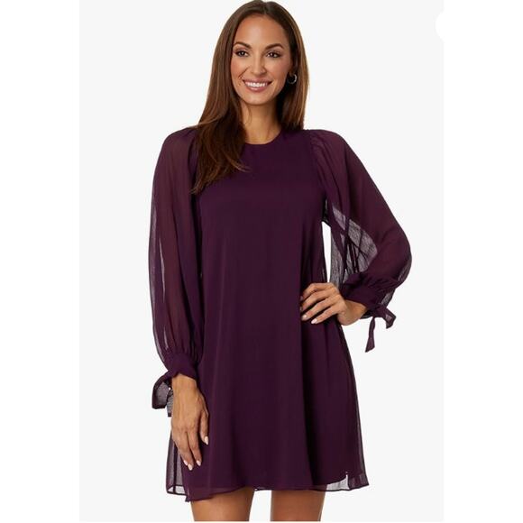 NWT Calvin Klein Women's Gauze Tie-Cuff Balloon-Sleeve Dress Size 2 Deep‎ Purple - Picture 1 of 7